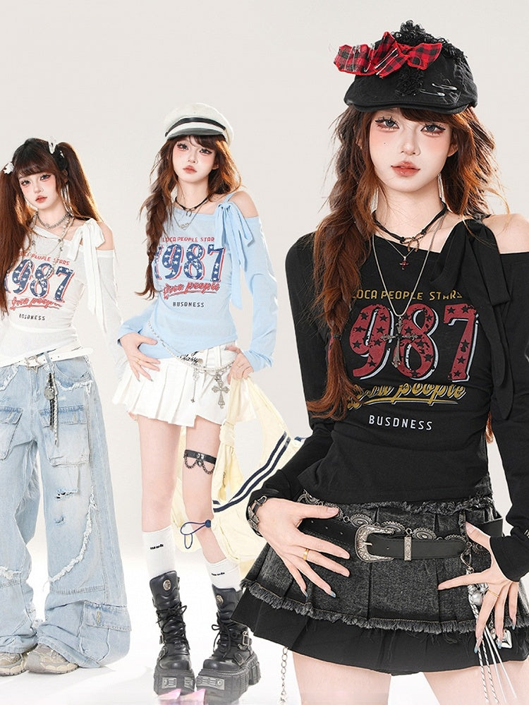 ヴィンテージナンバープリント ブルー/ホワイト/ブラック アシンメトリーネックライン トップス