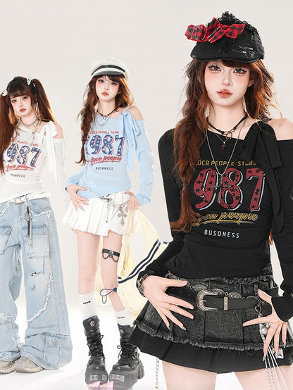 アシンメトリーネックライントップス ヴィンテージナンバープリント ブルー/ホワイト/ブラック