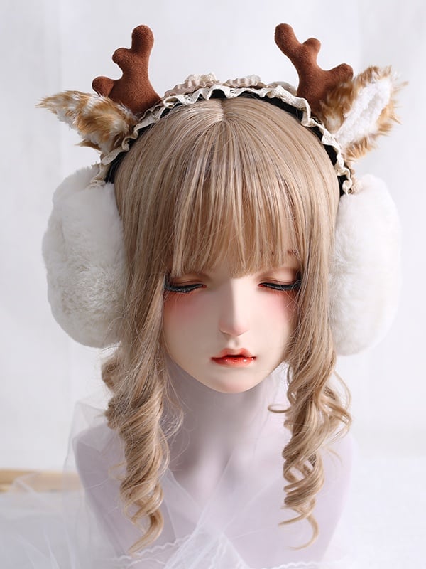 Lolita KC Khaki with Cute Elk Ear Off - White / Lace Muffs Antler