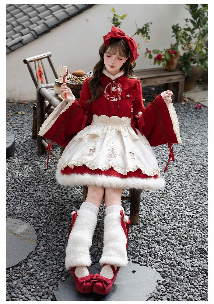 Lolita Apron Bow Han Pins Warmers + Floral Leg Red KC Brooch OP Embroidery