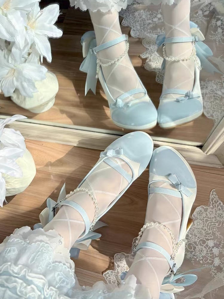 Classic Bow Elegant Embellishment Blue with White Detachable Lace Back Charm High-heel Chain Beaded Shoes