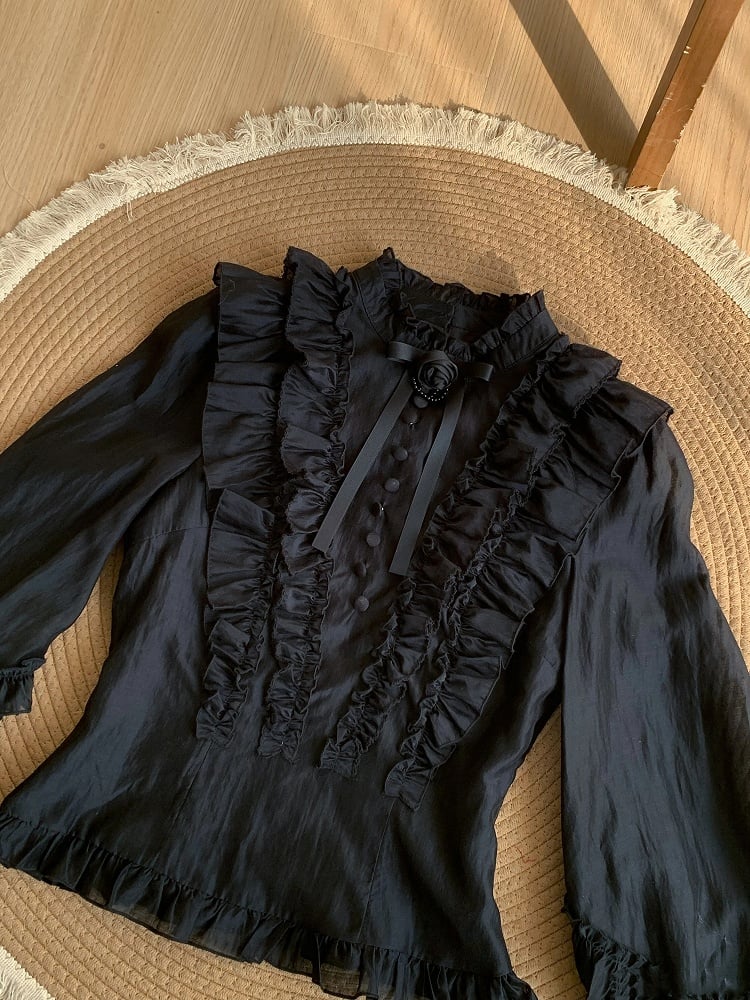 Black Lolita Balloon Sleeves Blouse with Rose Brooch - With PUJI