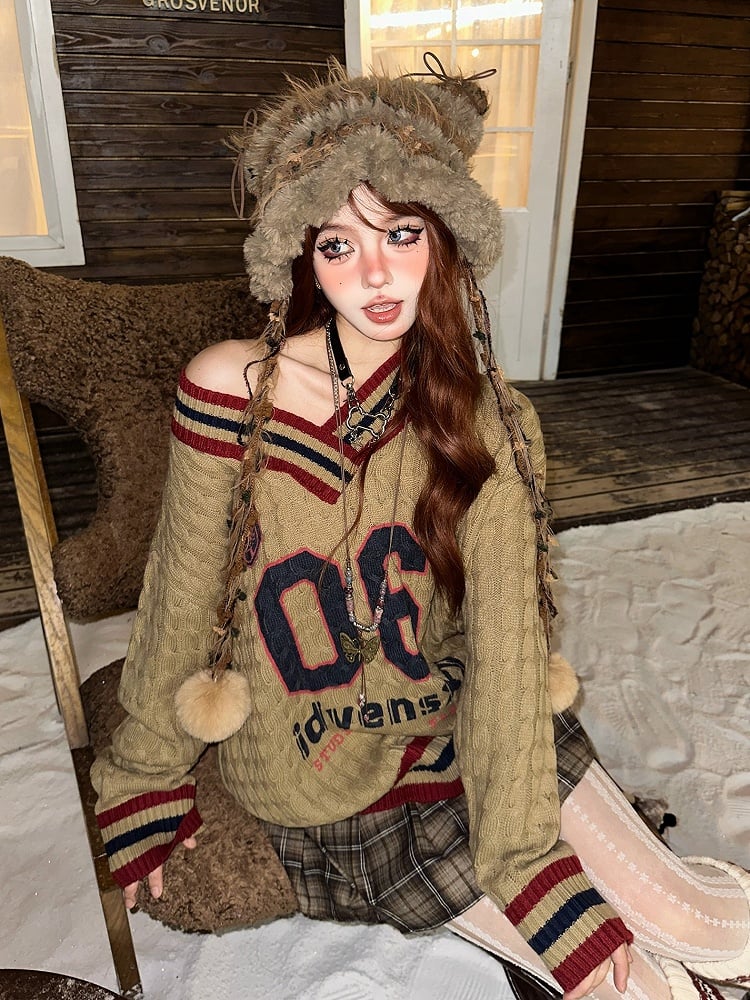 Orange Number Sweater Pattern and V-neck Letter Kawaii