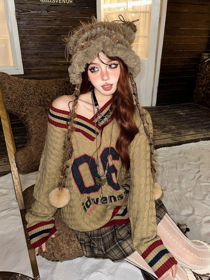 Orange Number Sweater Pattern and V-neck Letter Kawaii