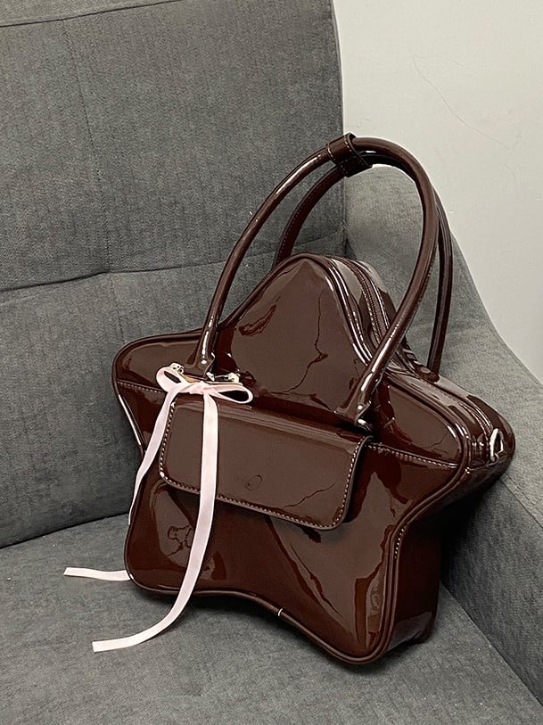 3-Way With Ribbon Bow Kawaii Glossy Black Star-Shaped Handbag
