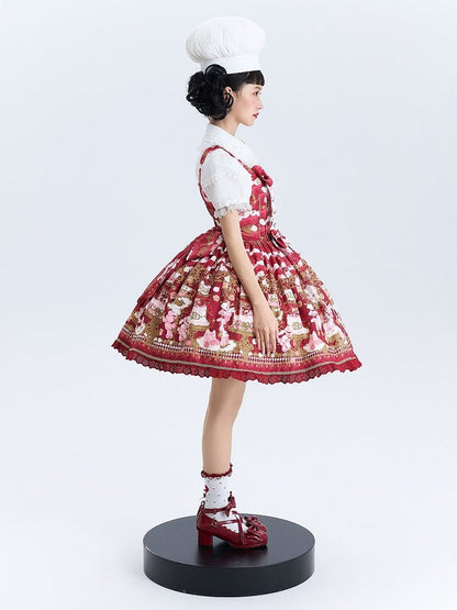 JSK Details Lolita Sweet Bow Trim with and Lace Bear Print Red Cake Dress