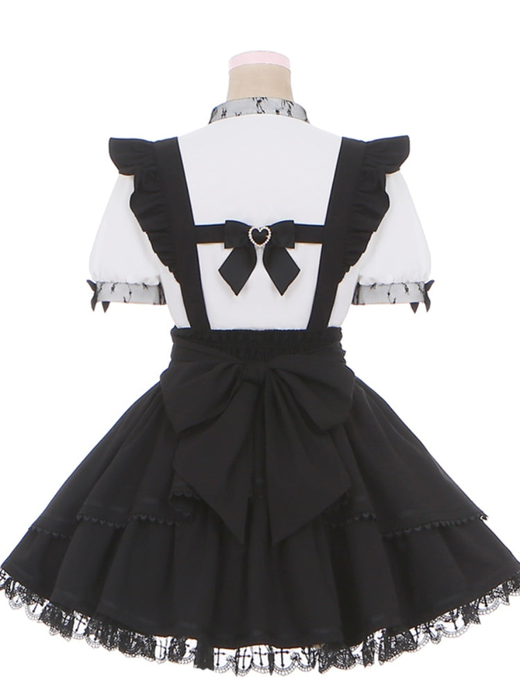 Tiered with at Back Skirt Sleeves Jirai Kei Black Overalls Embellished Bow Flutter Big Rhinestones