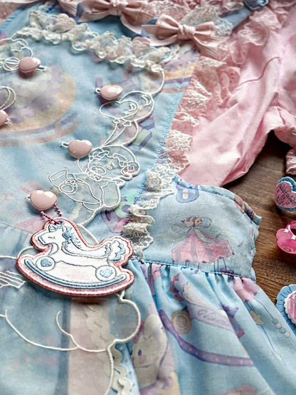Cute Blue Lace Detailed Overall Gown with Detachable Apron Set - Vcastle