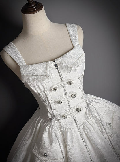 Hem Details with Dress Handkerchief White Zipper Military Jacquard Corset Lolita