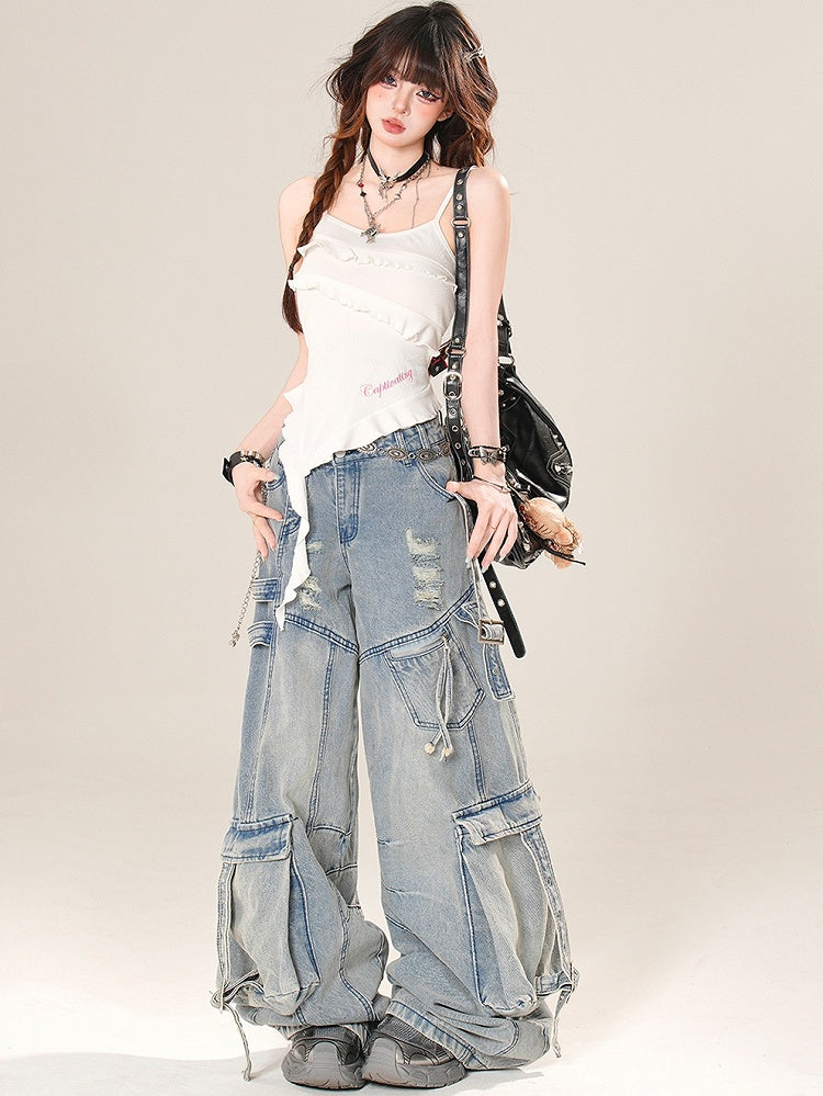 Glamouröses asymmetrisches weißes Top-Camisole mit Rüschensaum