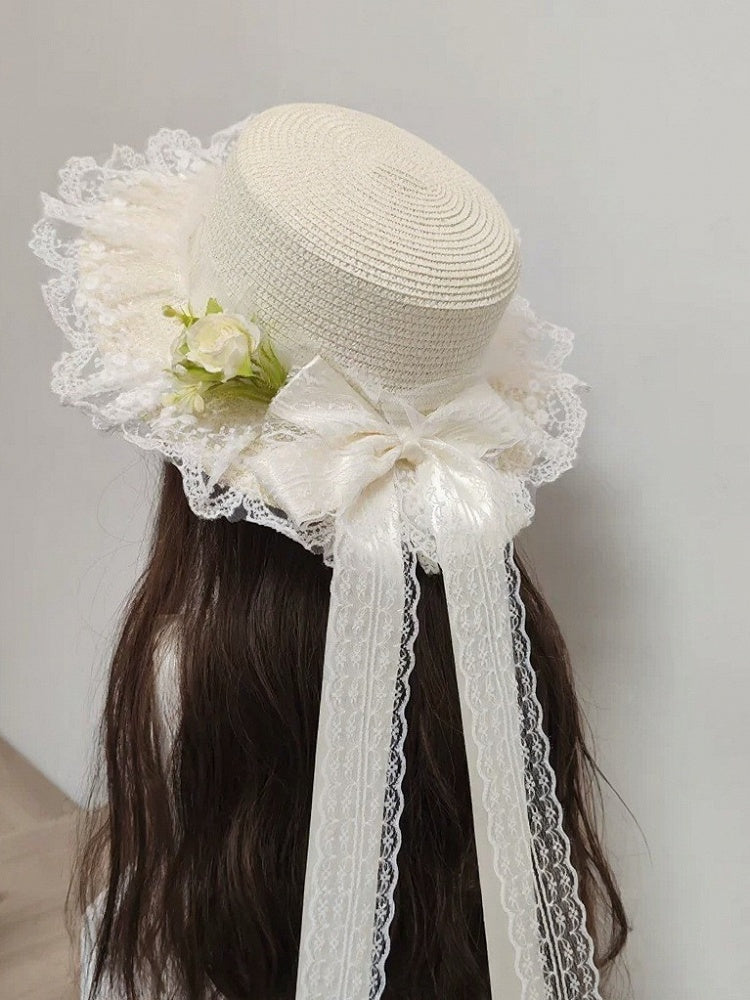 Ivory Straw Bonnet with Ribbon Ties and Elegant Bow - Ye Cheng Hair Accessory