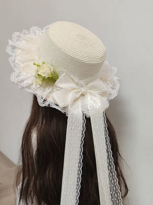 Ivory Straw Bonnet with Ribbon Ties and Elegant Bow - Ye Cheng Hair Accessory