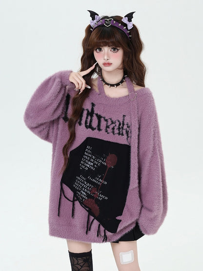 Sweater Halter Loose Letter Graphic Purple Neck Bittersweet