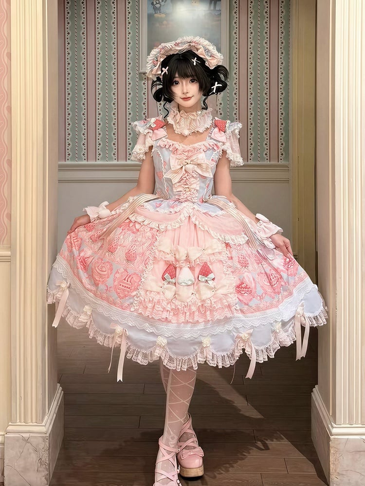 Blue & Pink Strawberry Cake Print Flutter Sleeve Lolita JSK - Ball Lolita
