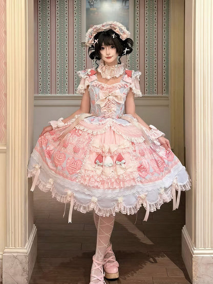 Blue & Pink Strawberry Cake Print Flutter Sleeve Lolita JSK - Ball Lolita