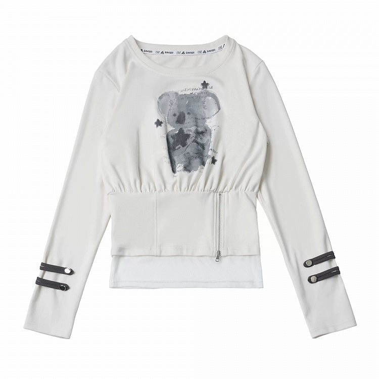Bear Graphic Zippered Fitted White Crewneck Tee with Cinched Silhouette - PINK SAVIOR