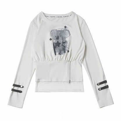 Bear Graphic Zippered Fitted White Crewneck Tee with Cinched Silhouette - PINK SAVIOR