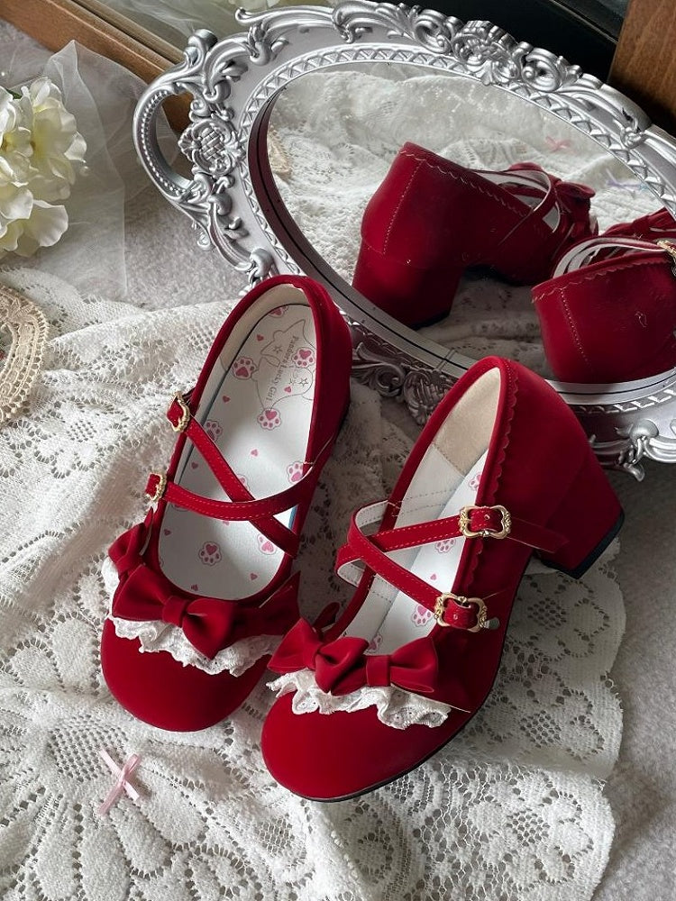 Jane Red Scalloped Shoes with Hem PU Mary Lolita Elegant