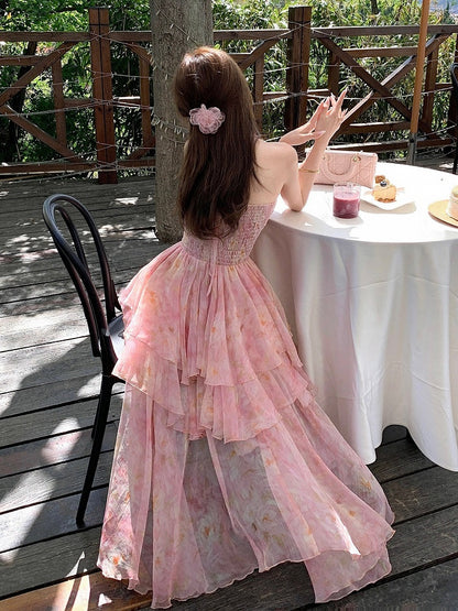 Pink Oil Painting Print Ruffle Trim Summer Holiday Dress - Qchiwawameme