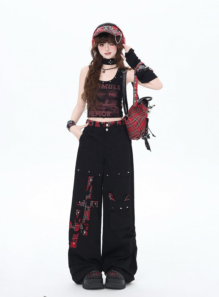 Black and Red Plaid Studs Wide-Leg Pants Detail