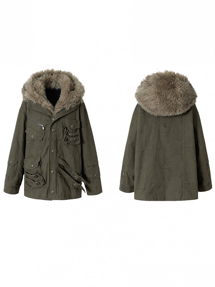 Punk Heavy-Duty Green Diagonal Fuzzy Pockets 3D Coat Dark Hood Straps with