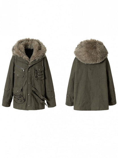 Punk Heavy-Duty Green Diagonal Fuzzy Pockets 3D Coat Dark Hood Straps with