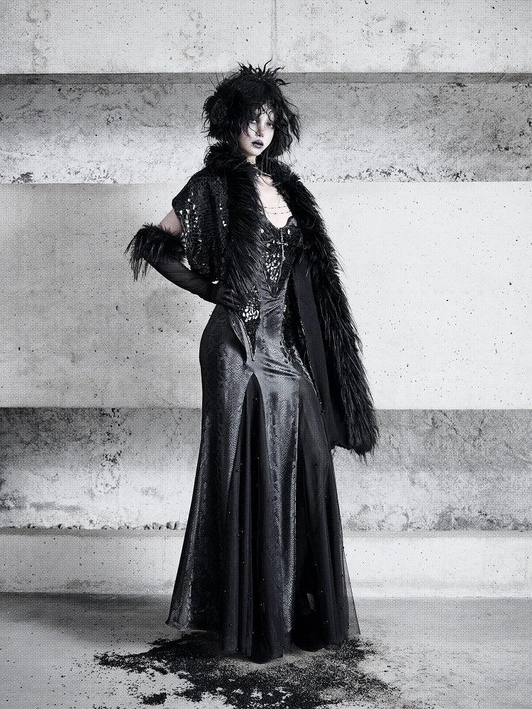 Black Fanx Fur and Glossy Scales Knitted Scarf