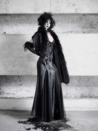 Black Fanx Fur and Glossy Scales Knitted Scarf