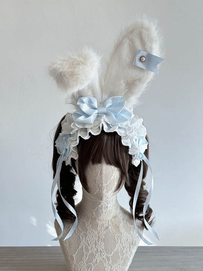 Plush Ear Lolita Striped Bunny Blue/Pink with Hairband Lace Bows Accents and