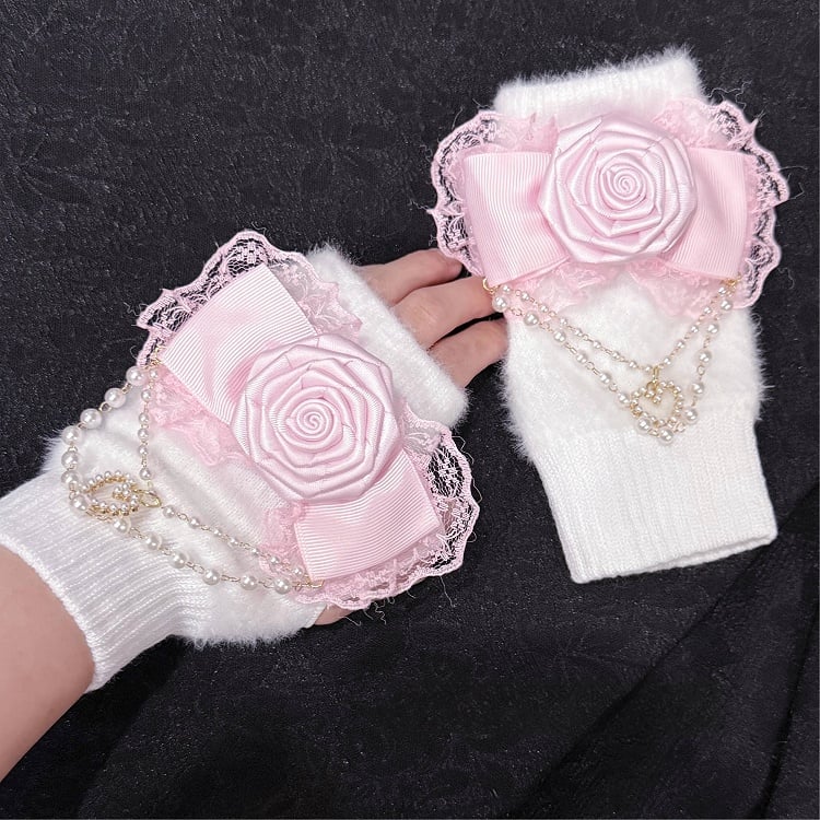 Pink Chains White Bow Rose and Accent Gloves with Pearl