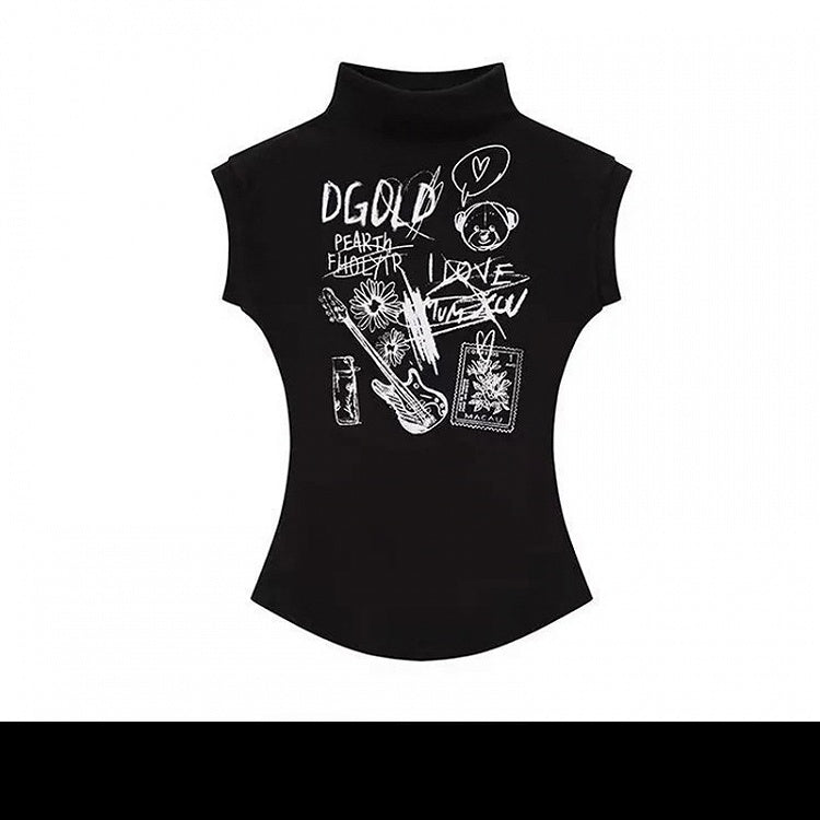 Y2K Schwarzes, Rundhals-Cartoon-Tanktop mit glamouröser, schmaler Passform