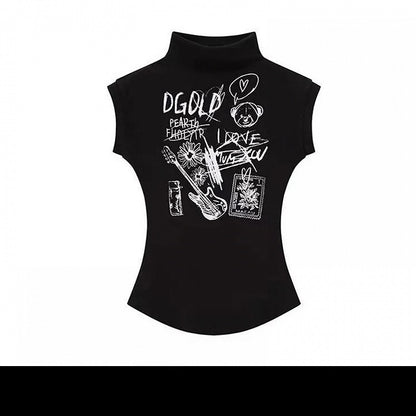 Y2K Schwarzes, Rundhals-Cartoon-Tanktop mit glamouröser, schmaler Passform