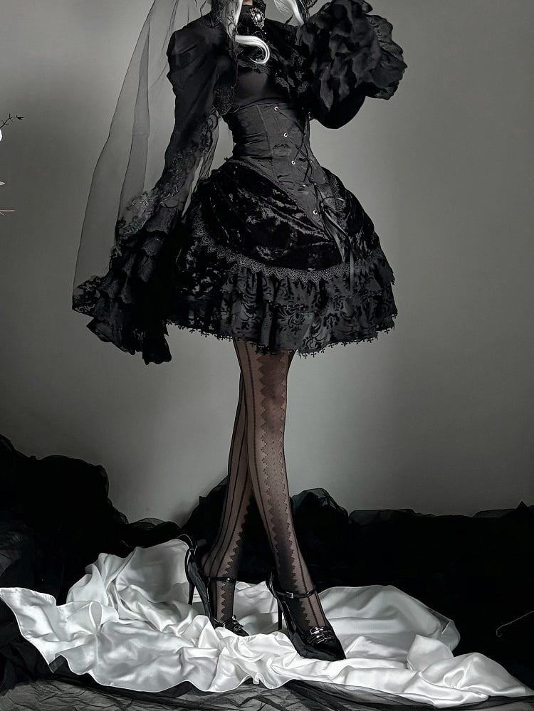 Long Sleeves Shirt Gothic High Boned Black Set All Lolita - Bell + Full Tie Mini Hat Jabot Skirt Waist