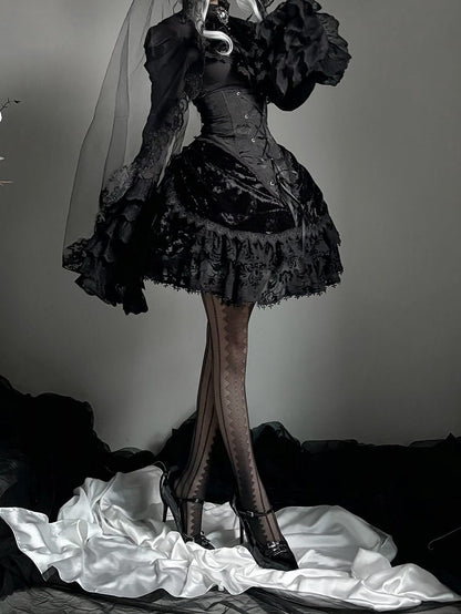 Long Sleeves Shirt Gothic High Boned Black Set All Lolita - Bell + Full Tie Mini Hat Jabot Skirt Waist