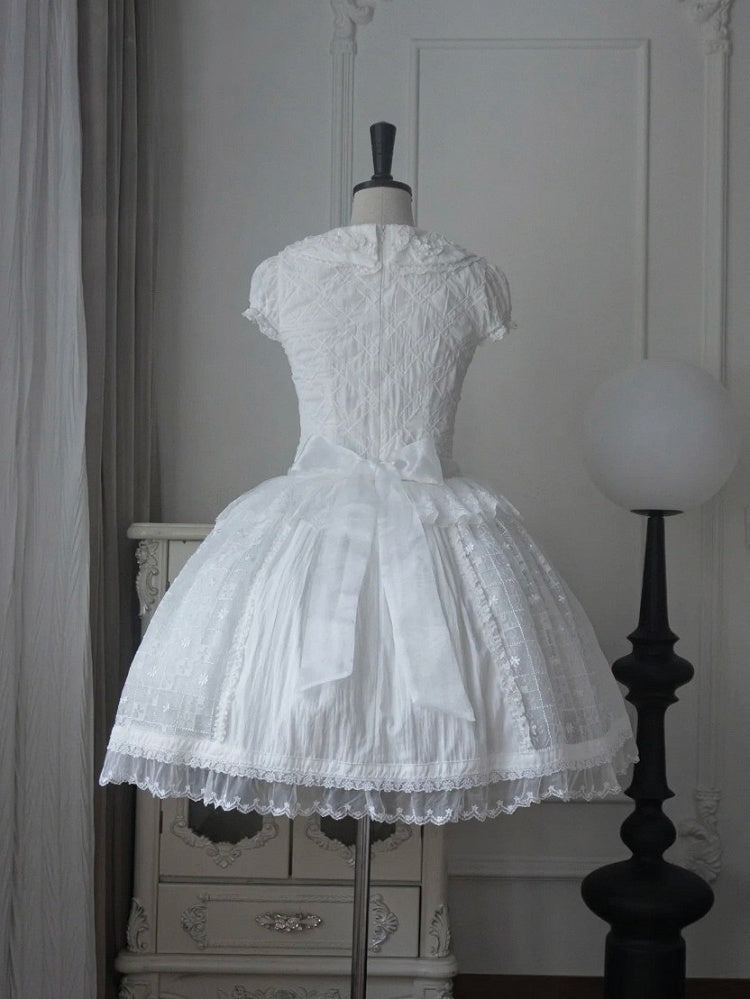 Elegant Ivory Floral Lace Applique Short OP Dress with Sash - Sleepless Unanswered