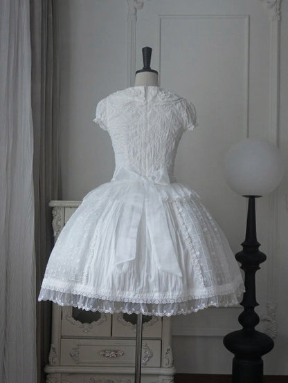 Elegant Ivory Floral Lace Applique Short OP Dress with Sash - Sleepless Unanswered