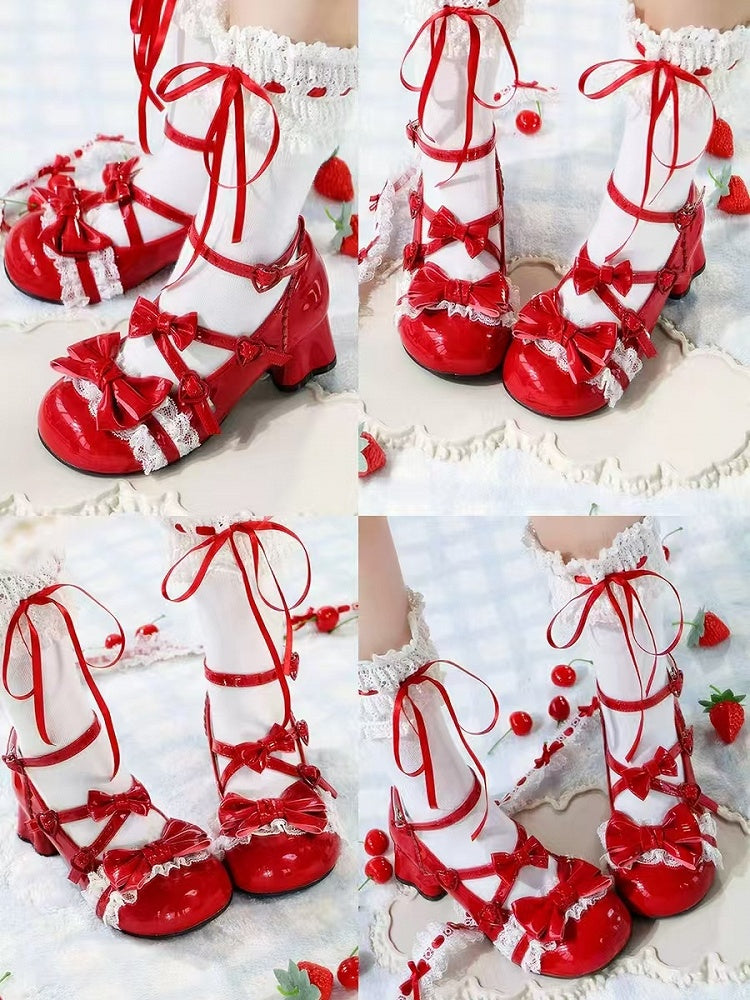 Round Toe Janes for Details Accents Lolita Mary - Mid-heel with Red Heel Cat-shaped Bow Lace