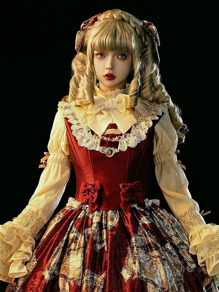 Details Bow With Lolita Trim Back Up And Lace Top Wine Red Lace-