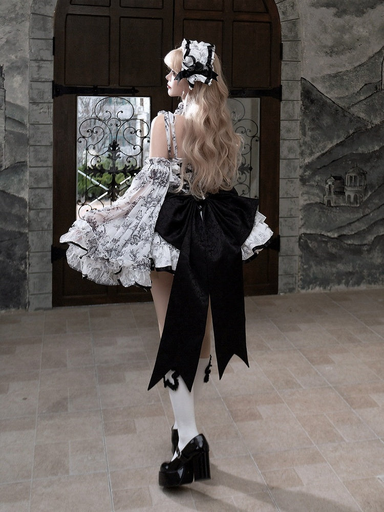 Elegant Hanayome-Style Black & White Porcelain-Inspired 82CM-Length Lolita Princess Dress - Sleepless Star