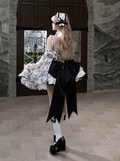 Elegant Hanayome-Style Black & White Porcelain-Inspired 82CM-Length Lolita Princess Dress - Sleepless Star