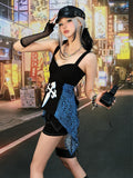Trägerloses Top Schwarz Glamorous Gyaru Blaue Leoparden Patches Y2K