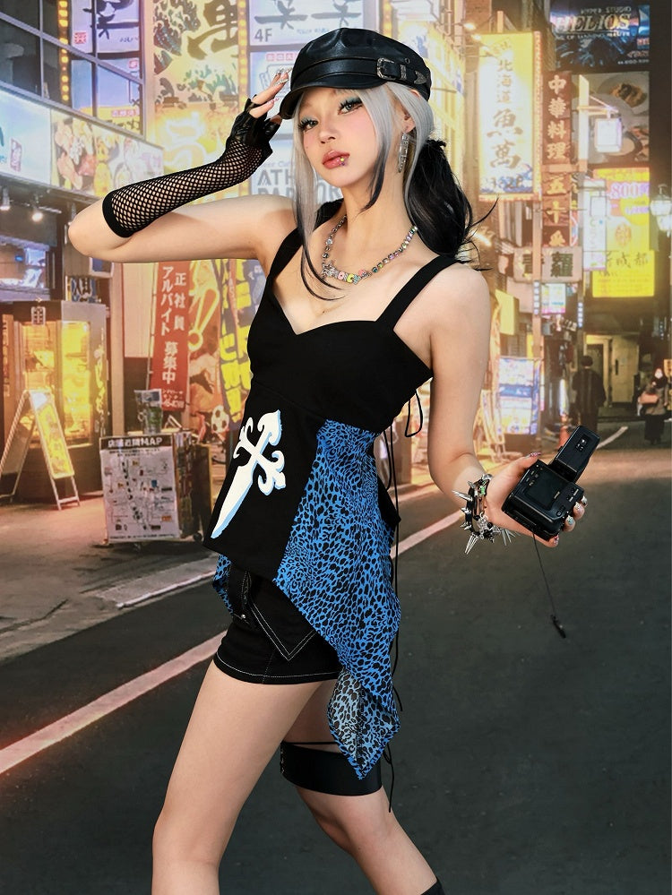 Trägerloses Top Schwarz Glamorous Gyaru Blaue Leoparden Patches Y2K