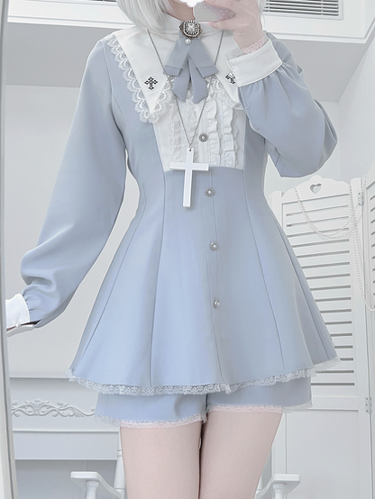 Water Kei Collar Blue Jirai Ensemble: Dress Ethereal Cross-Embroidered