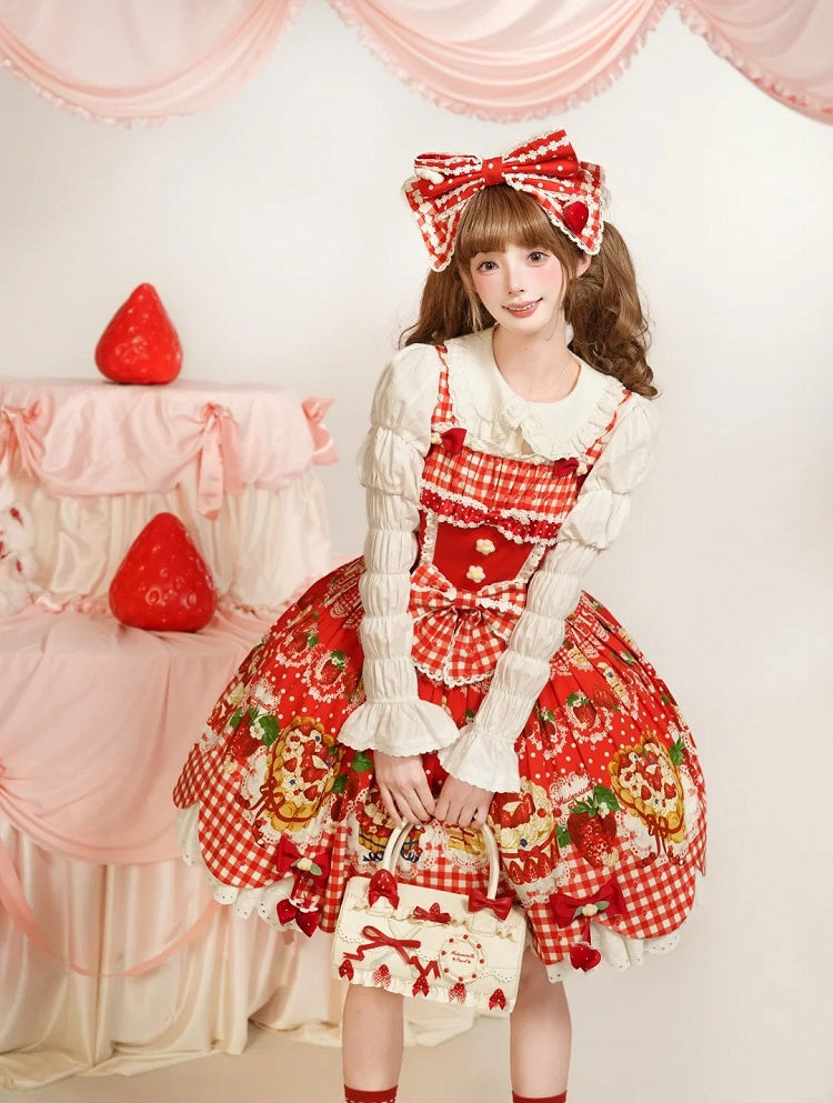 Strawberry Trim with Red JSK Eyelet Cake Lolita Dress Scalloped Print