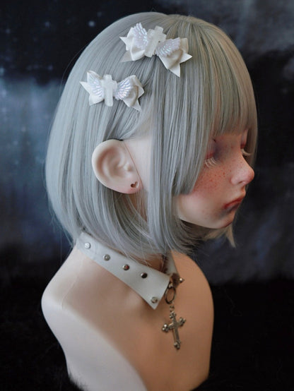 White Gothic Cross Wing Bow Hairclips