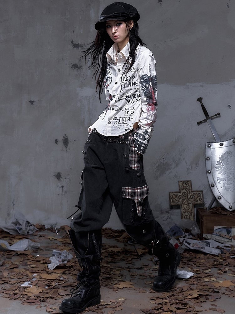 Black Plaid Punk Buttons with Metal Pants Vintage Cargo Patchwork