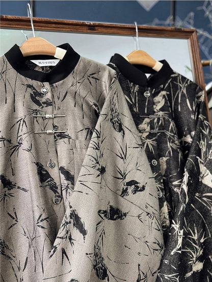 Banded Unisex with Blouse Sleeves Bamboo Pipa Grey Print Style Chinese Collar -