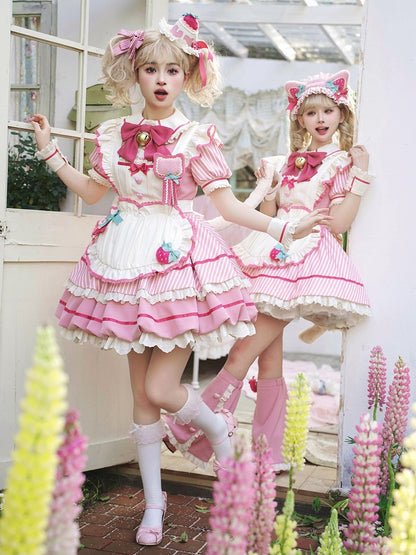Strawberry Theme Sweet Lolita OP with Apron, Sakura Pink Striped Pattern - Sakurahime