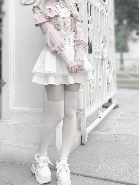 Lace Ruffle Cutout Trim White Rhinestone Ryousangata Blouse Long-Sleeve Bow with Shoulder Pink