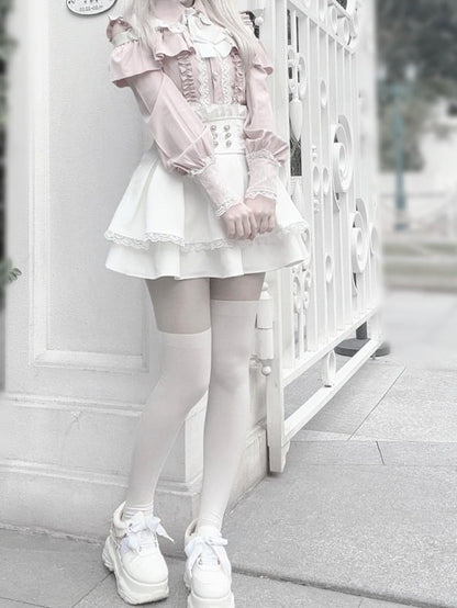 Lace Ruffle Cutout Trim White Rhinestone Ryousangata Blouse Long-Sleeve Bow with Shoulder Pink